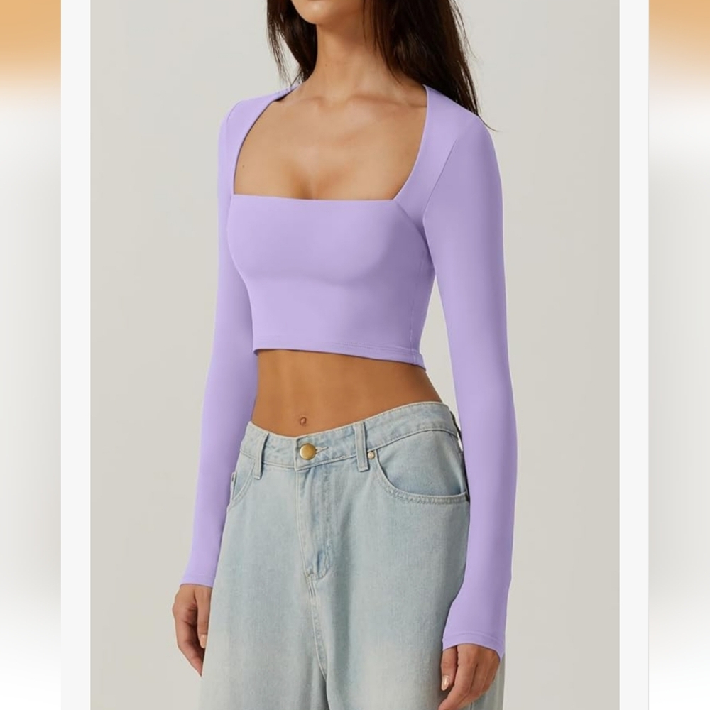 Qinsen Square Neck Long Sleeve Crop Top Size M